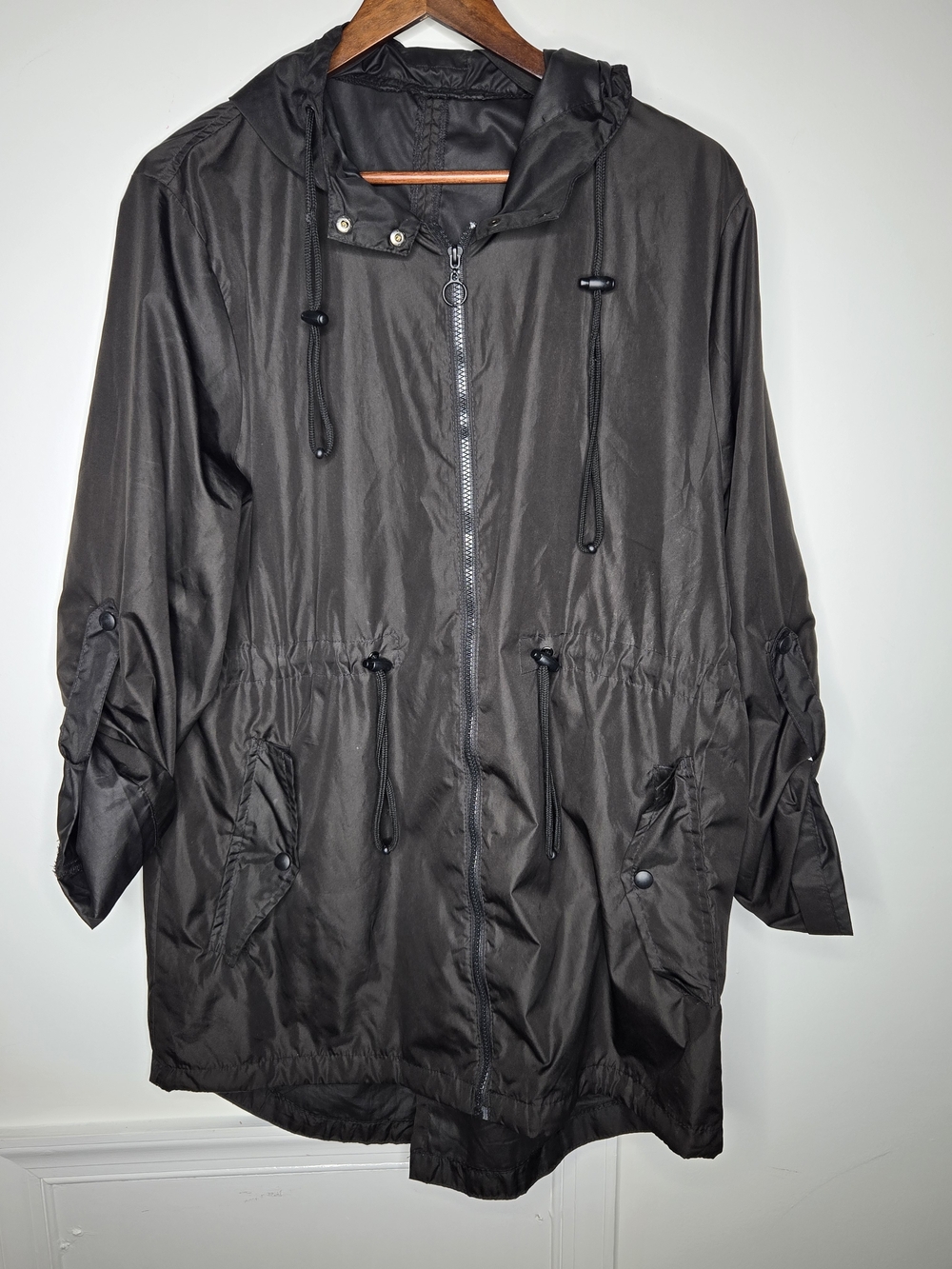 Solid Black Lightweight Hooded Rain Anorak Utility Jacket Zip Close-Size L